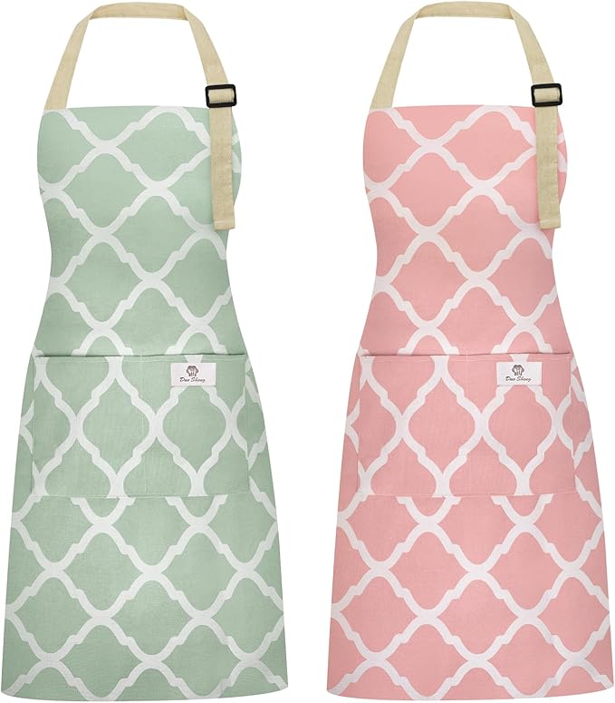 2 Pieces Aprons for Women with Pockets, Cotton Linen Waterproof Kitchen Cooking by Riqiaqia