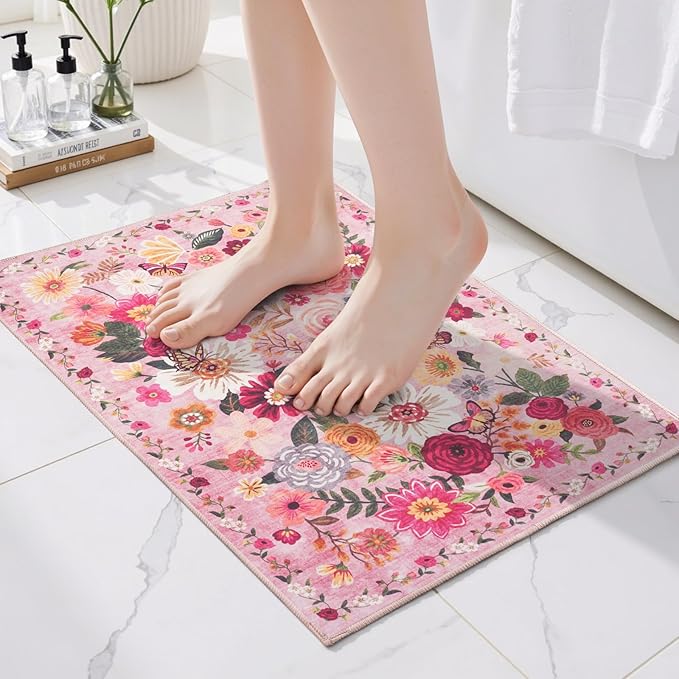 Pink Area Rugs 24x17 Inch Home Decor Entry Rug, Small Door Mat Bath Mats by WelcometoBabovid