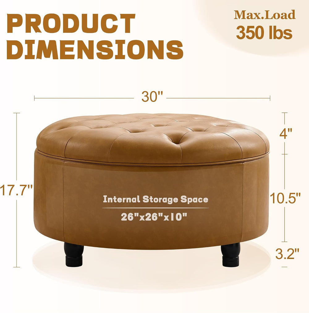 30-Inch Round Storage Ottoman, Leather Ottoman (Bright Orange) | Button Tufte...