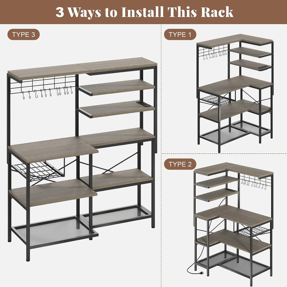 L-Shaped Bakers Rack with Power Outlet, 6-Tier Microwave Stand with Storage, ...