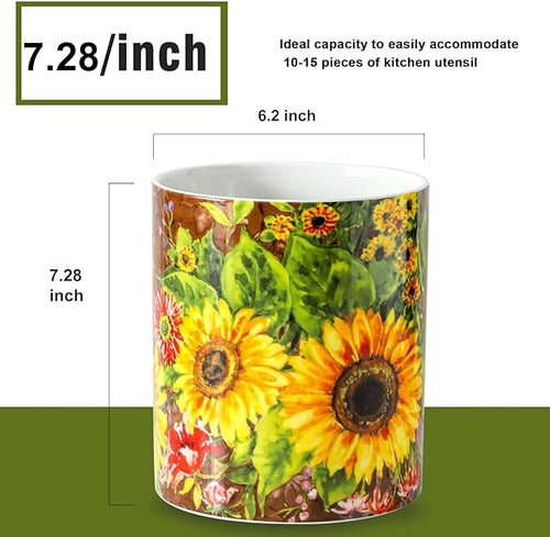 7" Oil Painting Sunflower Utensil Holder, Large Kitchen Utensil Holder Organizer - Image 2