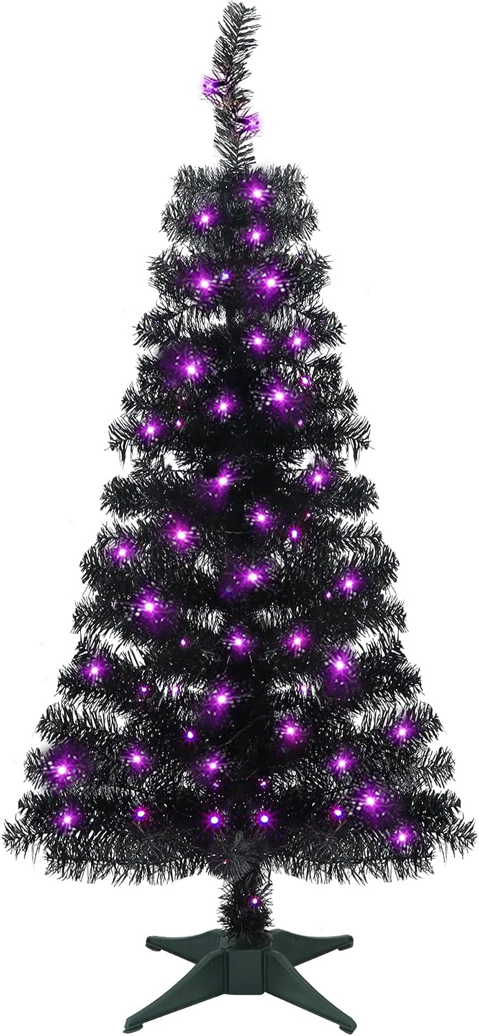 Juegoal Lighted Artificial Halloween Black Christmas Tree, 4FT Black Tinsel Pine Tree with 70 LED Purple Lights, 8 Modes & Timer for Home Party Decorations