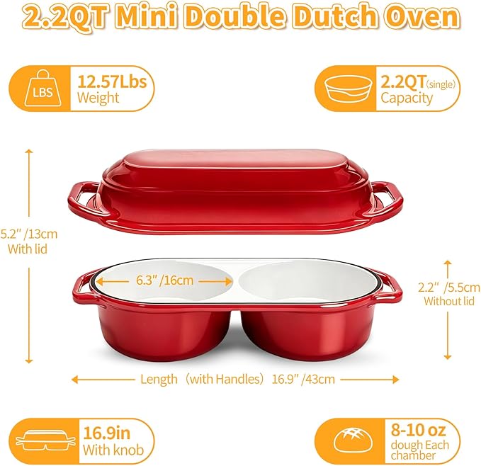 Mini Double Dutch Oven For Sourdough Bread Baking, 2.2QT Enameled Cast Iron