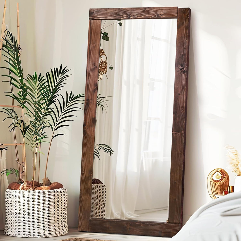 71x32in Full Length Mirror, Solid Wood Convex Frame, Brown