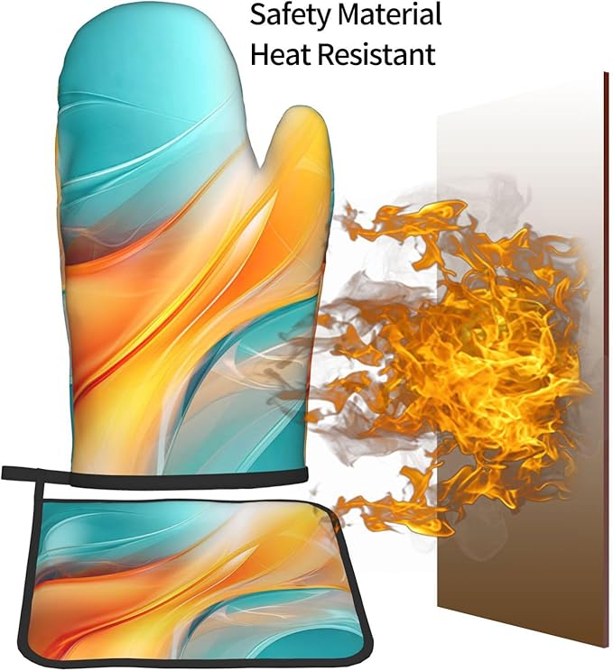 Turquoise Orange Abstract Art Oven Mitts & Pot Holders Sets of 3, Heat - Image 7