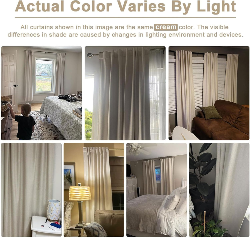 Linen Total Blackout Curtains for Bedroom Living Room 84 Inch, Cream