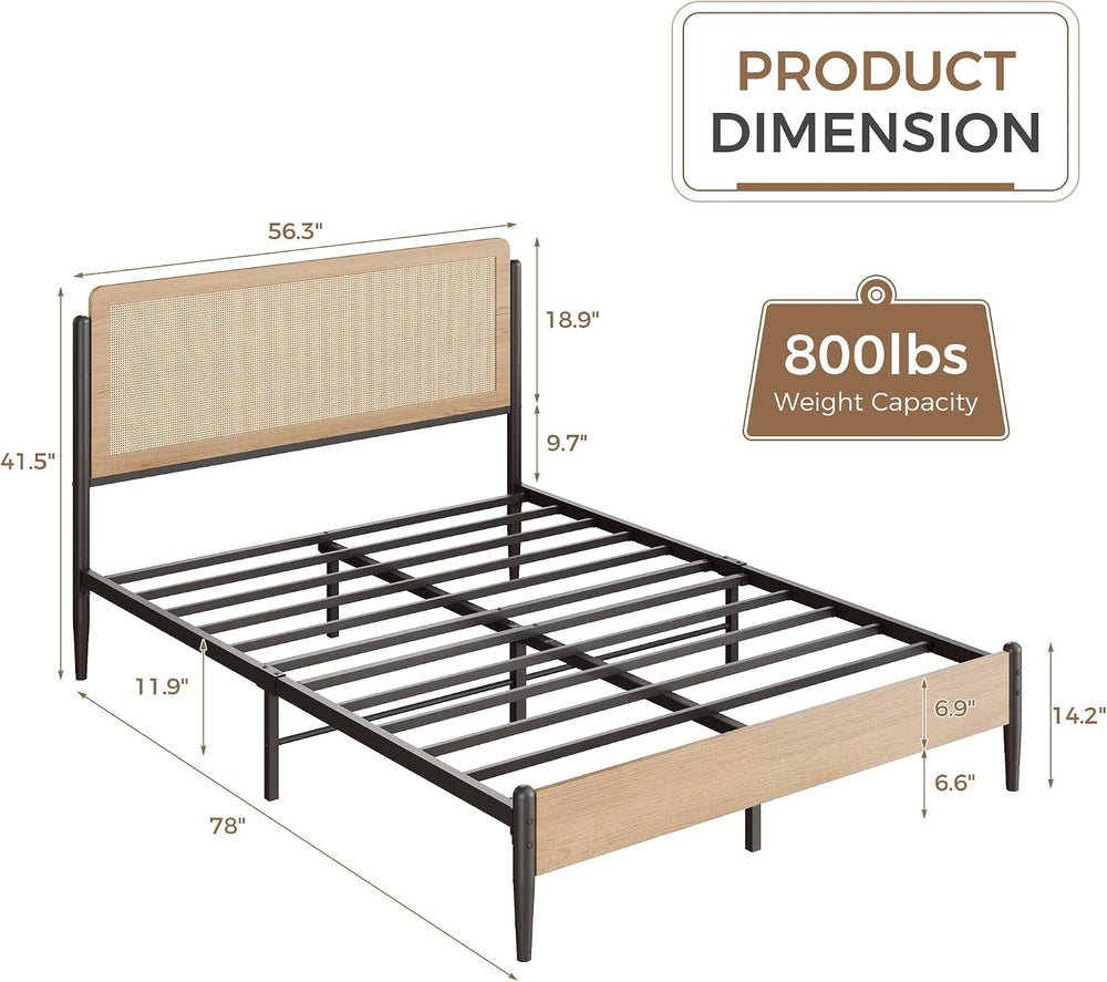 LIKIMIO Natural Rattan Full Size Bed Frame with Wooden Headboard