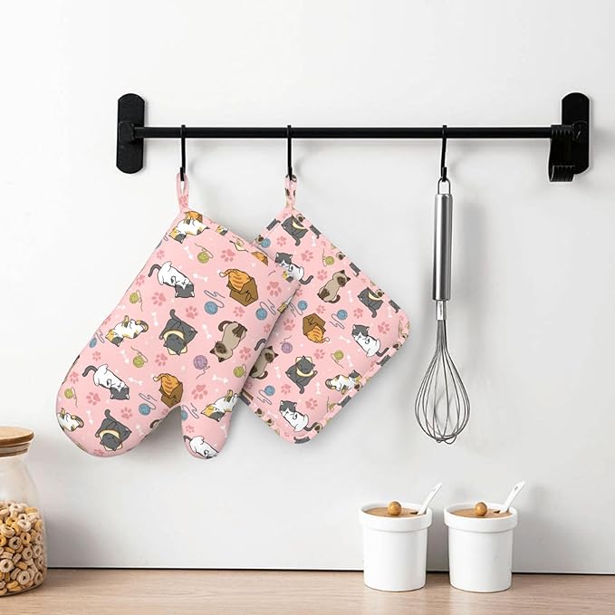 Cute Cats Oven Mitts and Pot Holders Sets Heat Resistant Non-Slip Silicone Oven - Image 7