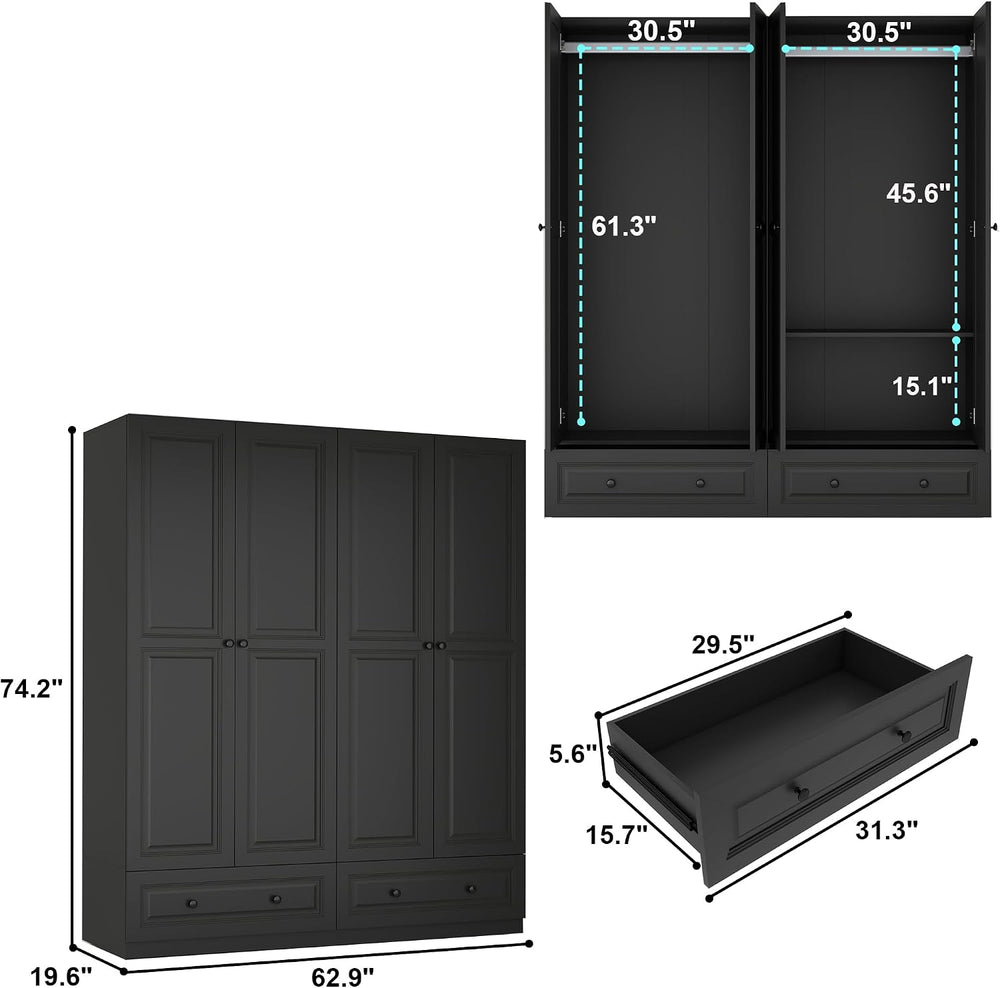 Black Armoire Wardrobe Closet with 2 Drawers: 75" H x 63" W