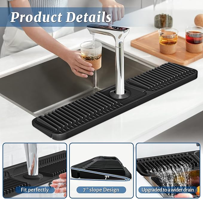 PoYang 24 inch Faucet Mat for Kitchen Sink Splash Guard, 7° Slope Silicone Sink - Image 8