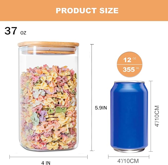 YUNCANG Glass Storage Jars 6 Pack 37oz Clear Glass Food Storage Containers - Image 3