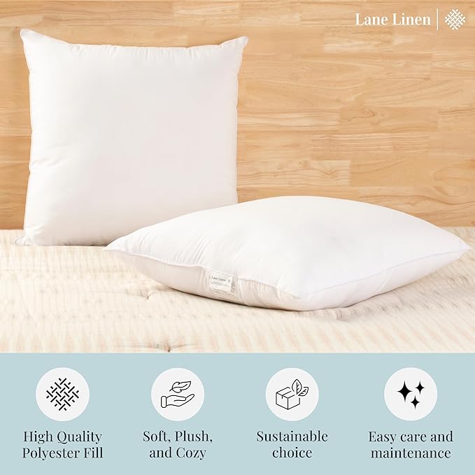 LANE LINEN 26x26 White Throw Pillow Inserts – Pack of 2 White, Fluffy - Image 4