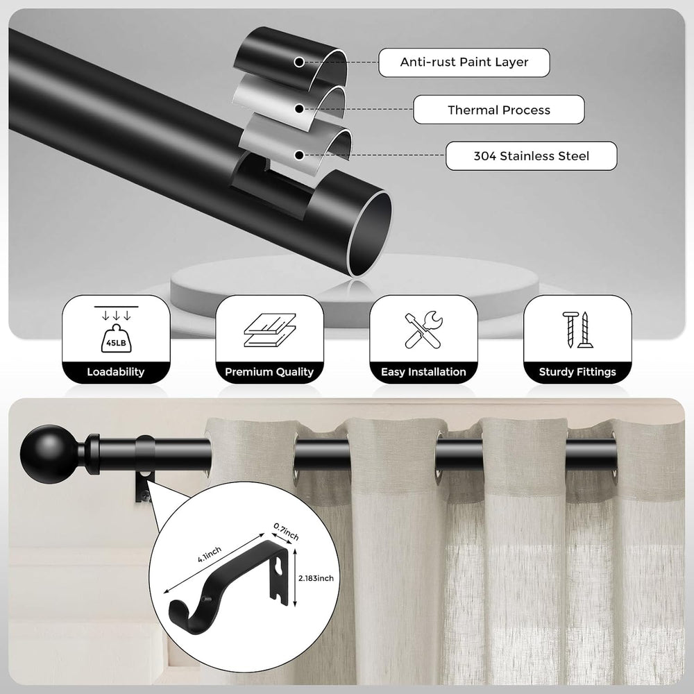 2 Pack Curtain Rods 36-91 Inch, Black 1 Inch Adjustable Heavy Duty Curtain Ro...