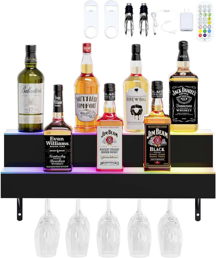 Dethan 2 Tier 24 Inch LED Lighted Liquor Bottle Display Shelf - Wall-Mounted Wine Rack with Multi-Color App & Remote Control, Adjustable Brightness & Sound Modes, Acrylic Bar Shelves for Home Bars