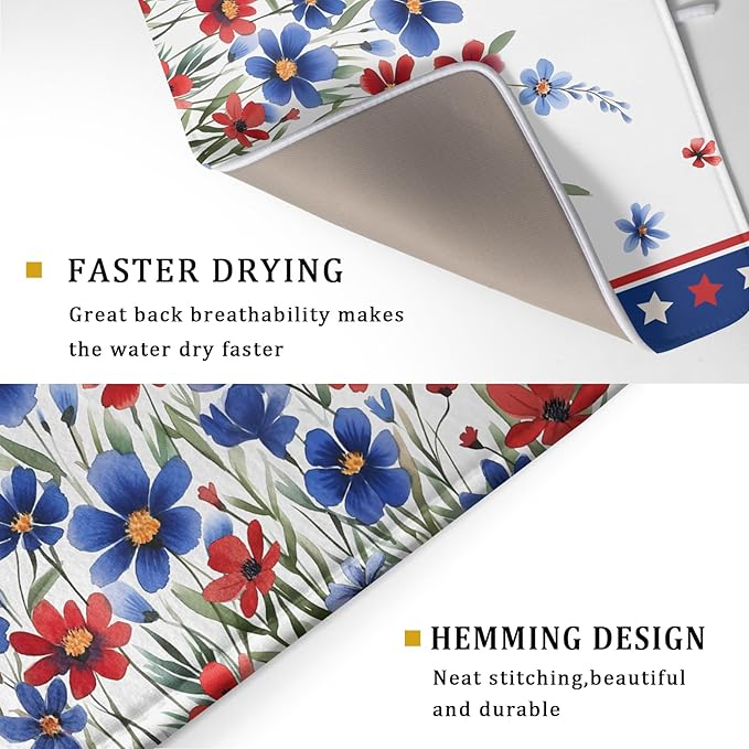 4th of July Dish Drying Mats for Kitchen Counter Summer Flowers Patriotic - Image 3