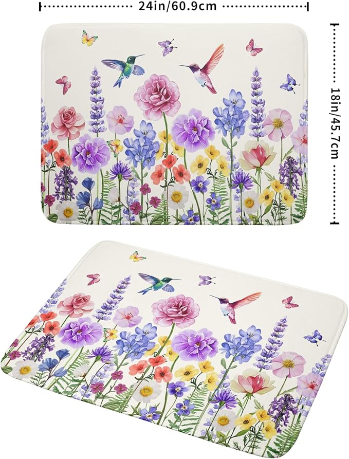 Giwawa Hummingbird Flower Dish Drying Mat 18x24 inch Watercolor Spring Herb - Image 2