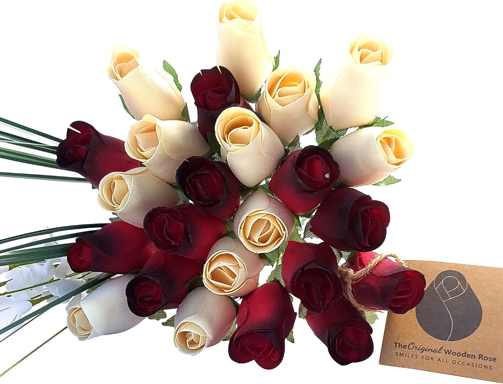 Red with Black Tips and White Wooden Rose Bouquet (2 Dozen)