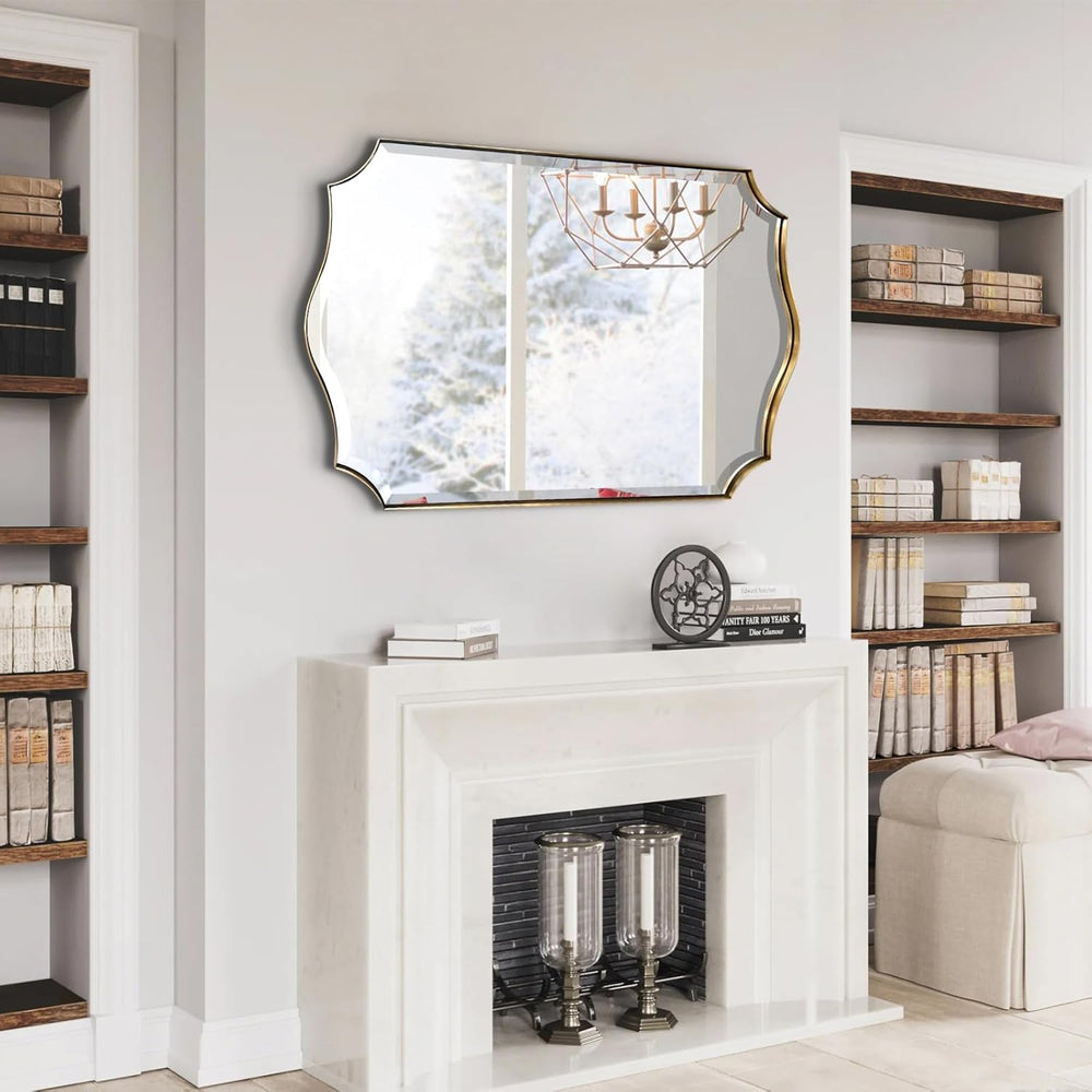 POZINO Scalloped Beveled Mirror 36"x24" Brushed Gold Bathroom Mirror
