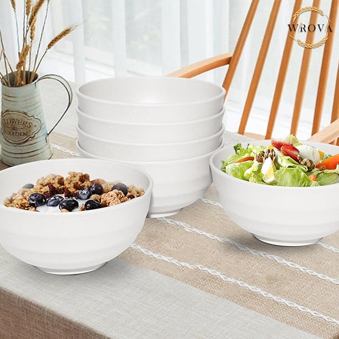 Wrova Wheat Straw Bowls Set 60 OZ, Unbreakable Large White Bowls Set of 6 - Image 7