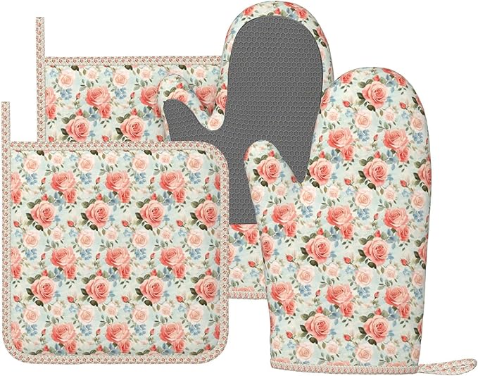 Oven Mitts and Pot Holders Rose Flower Vintage Botanical Silicone Kitchen by DADABULIU