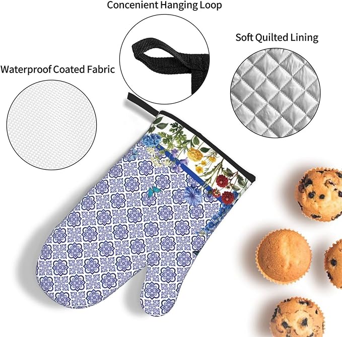 Blue Chinoiserie Oven Mitts Heat Resistant, Cute Floral Pot Holders and Kitchen - Image 5