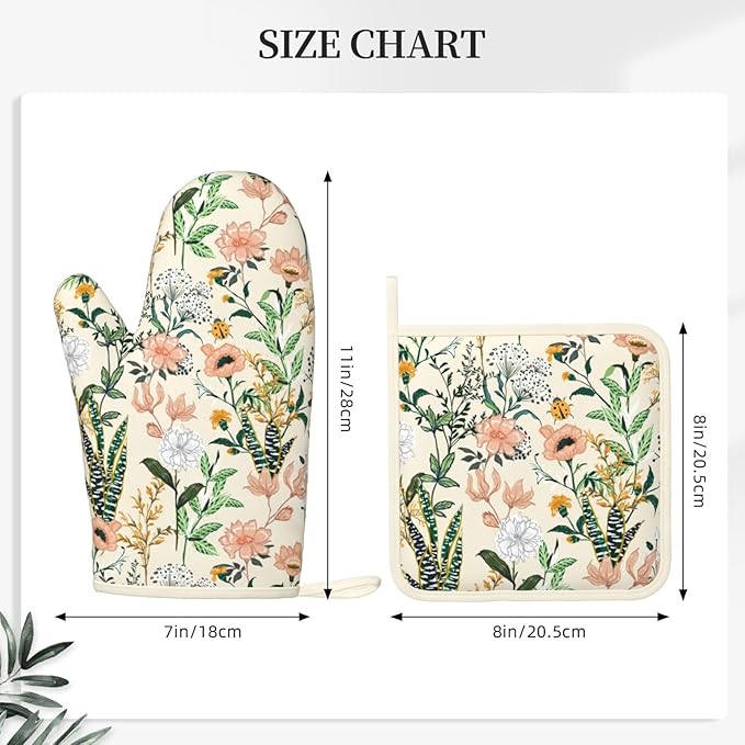 Floral Silicone Oven Mitts Pan Mats Set of 2, Heat Resistant Gloves Potholder - Image 3