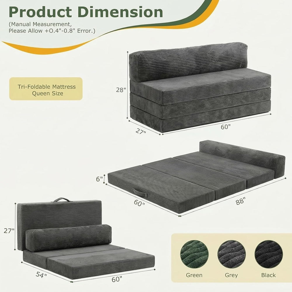 6 inch Tri-Folding Mattress Queen Futon Sofa Bed, Convertible Foldable Mattre...