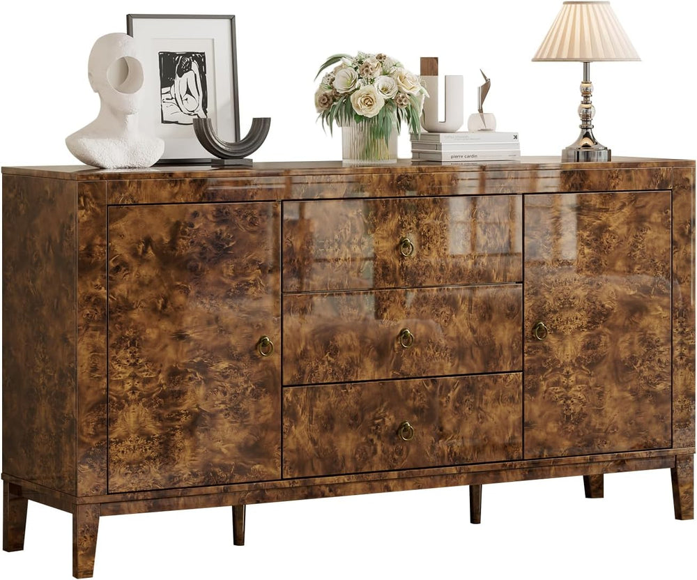 60" Glossy Burl Wood Sideboard Buffet with Storage