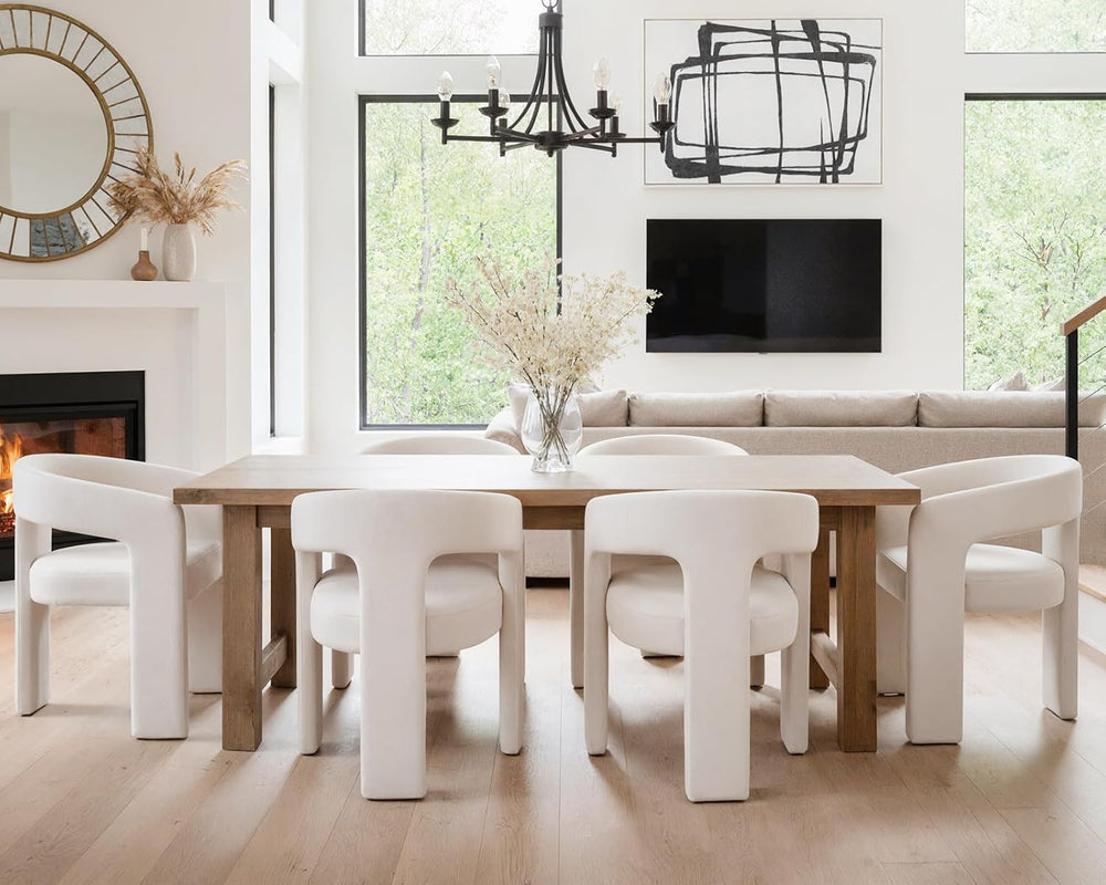 HNY Modern Linen Barrel Dining Chairs Set of 6, Ivory