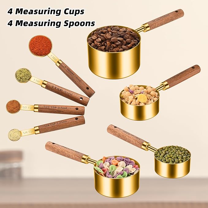 Stainless Steel Measuring Cups and Spoons Set of 8, Stackable Wooden Handle - Image 6