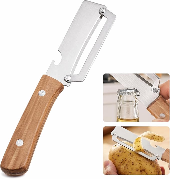 Vegetable Peeler, with Wooden Handle & Bottle Opener, Stainless Steel Kitchen by UPABLUNSO