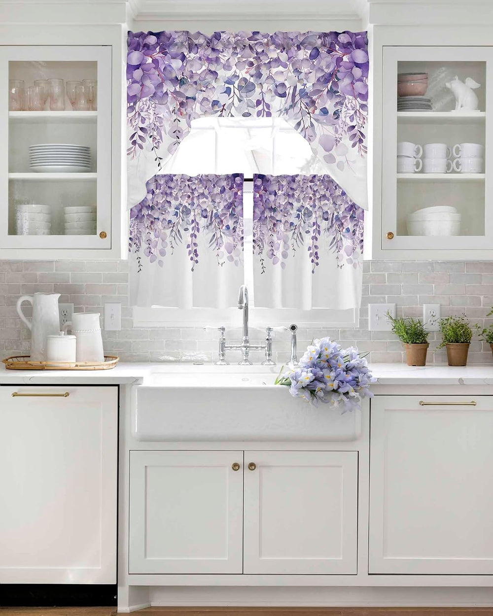 Spring Botanical Swag Curtains Valance and Tier Set, Purple Eucalyptus Leaves...