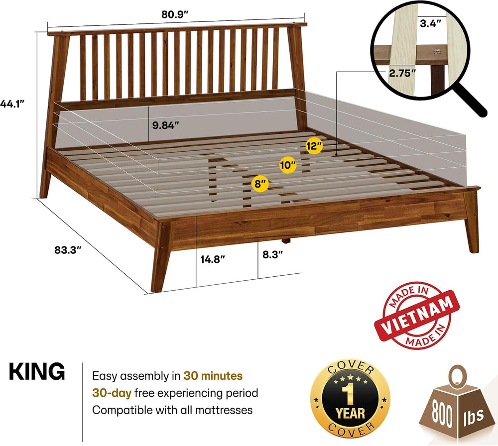 Acacia Kaylin Bed Frame with Headboard Solid Wood Platform Bed, King Bed Fram...