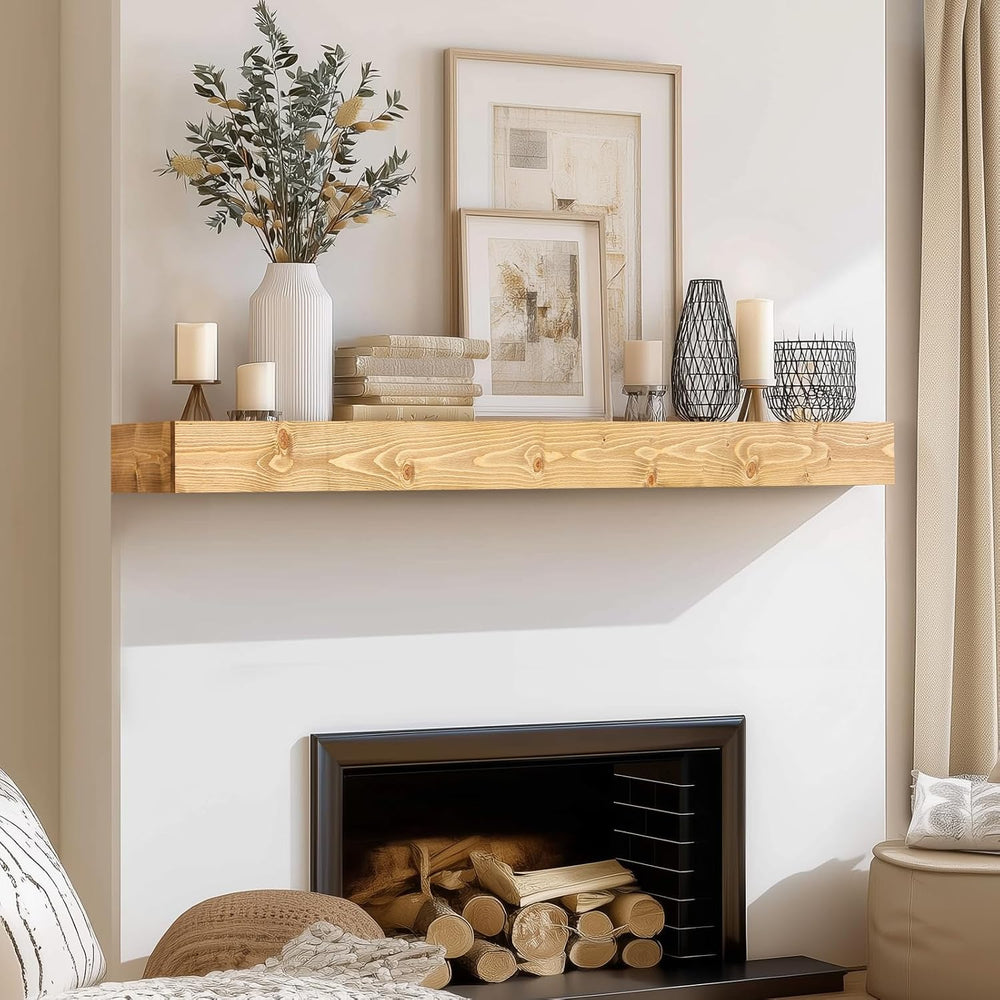 48x8x3in Rustic Fireplace Mantel Pine Wood, Natural Wood