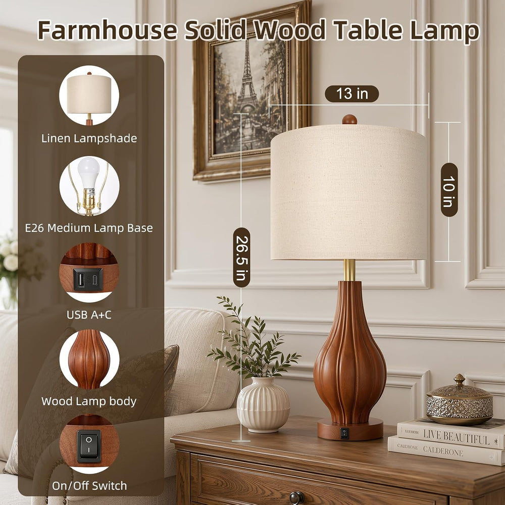 Scenekoy 26.5" Solid Wood Table Lamp Set of 2, USB A+C, 3-Way Dimmable Lamp