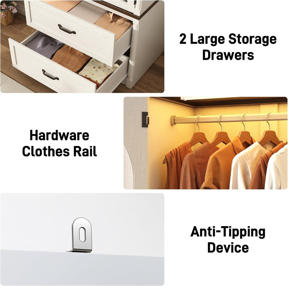 Tall Farmhouse 2 Doors Armoire Wardrobe Closet with LED ,72" Freestandin...