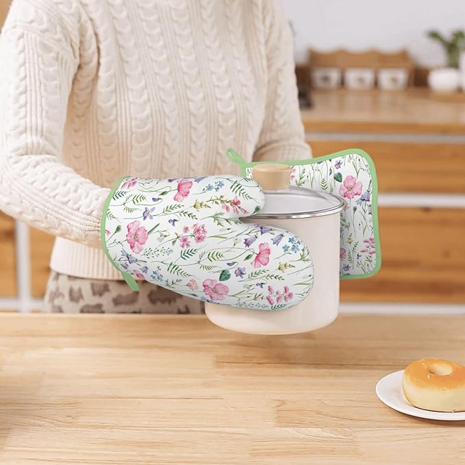 Pink Floral Silicone Oven Mitts Pan Mats Set of 2, Heat Resistant Gloves - Image 7