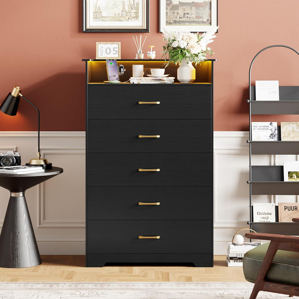 Garvee 5 Drawer Dresser with LED Light and Charging Station, Black