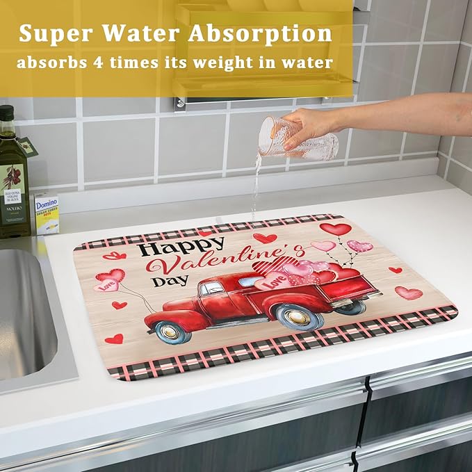 Valentine's Day Truck Dish Drying Mat 18x24 inch Love Heart Washable Absorbent - Image 7