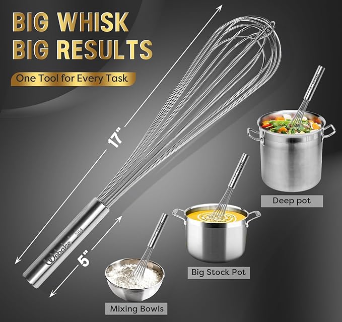 Webake Commercial Whisk Heavy Duty 17in Large Whisk, 304 Stainless Steel Whisks - Image 5