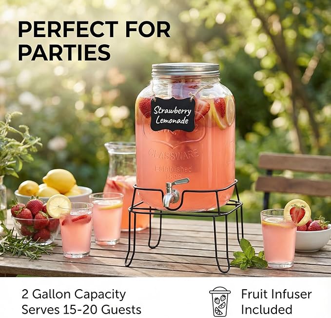 2 Gallon Glass Drink Dispenser, Beverage Dispenser - Image 5