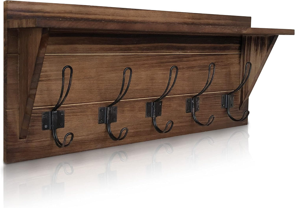 HBCY Creations Rustic Brown Solid Wood Wall Mounted Coat Rack with Shelf, 5 H...
