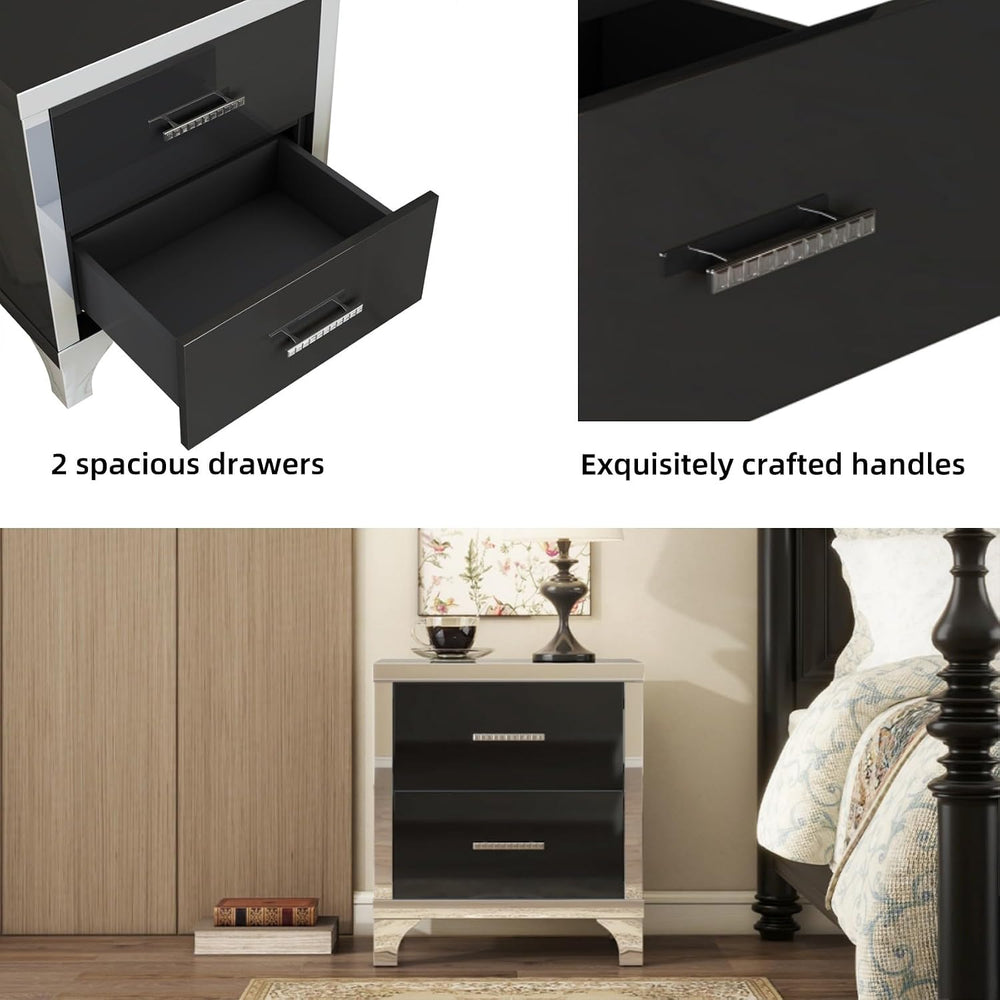 Merax Night Stand with 2 Drawers, Mirrored High Gloss Wood Nightstand Metal H...