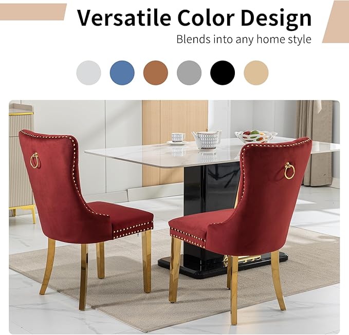 Luxury Upholstered Dining Chairs Set of 2, Red Kitchen Chair with Golden Meta...
