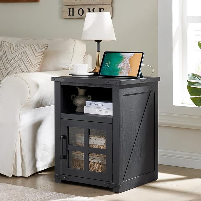 Farmhouse Nightstand with Charging Station, Rustic End Table with Tempered Gl...