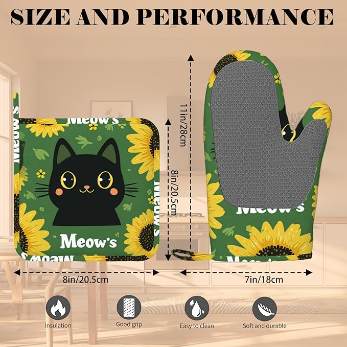 Black Cat Oven Mitts and Pot Holders Sets Cartoon Sunflower Silicone Heat - Image 3