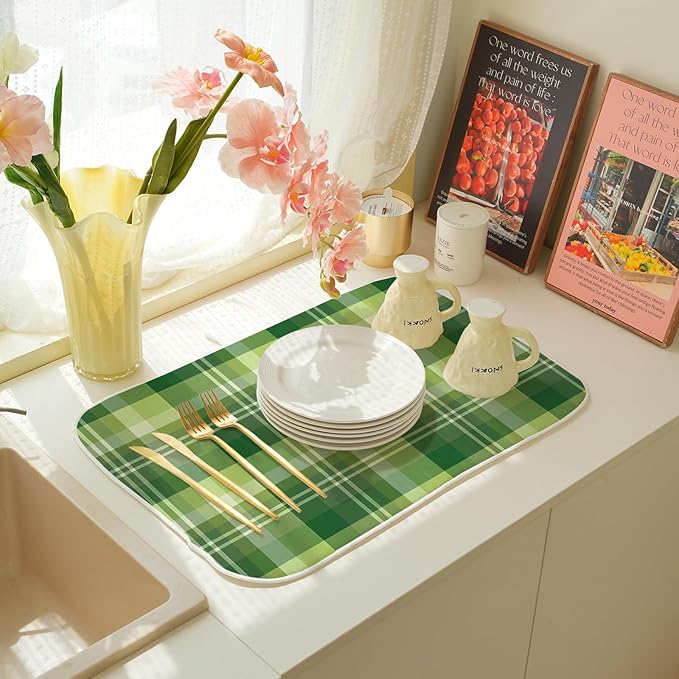 St. Patrick's Day Dish Drying Mat 18 x 24 Inch Green Buffalo Plaid Drying Mat - Image 6