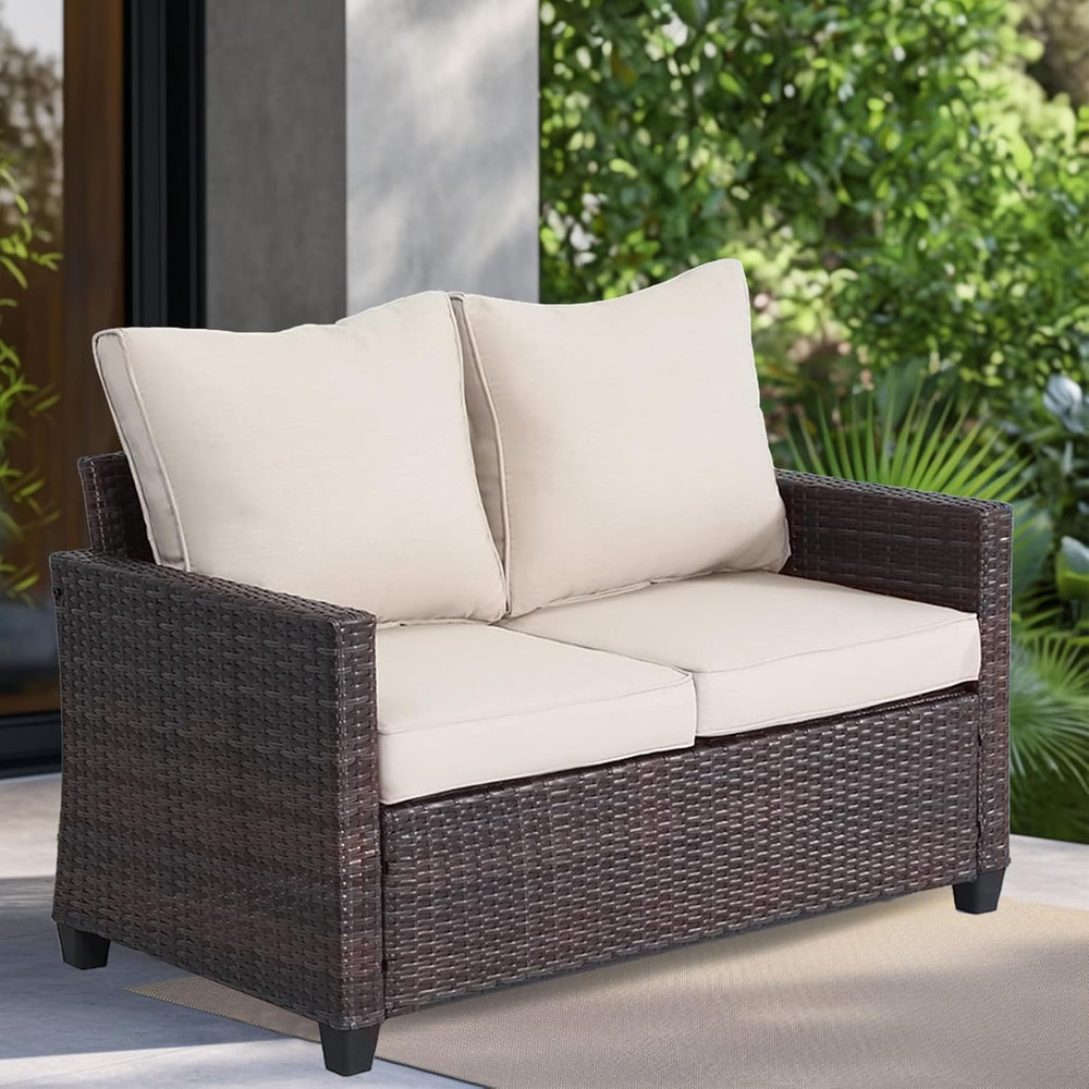 EortheX Patio loveseat 2-Seat Rattan Wicker Sofa,Beige,for Deck Garden