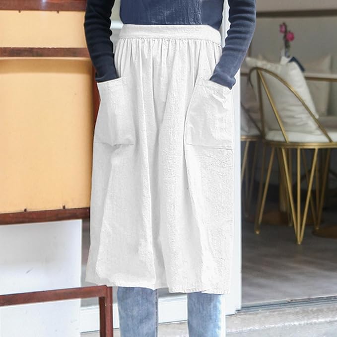 Cotton Linen Half Apron for Women Vintage Waist Apron Ruffle Plain Bright Color - Image 4