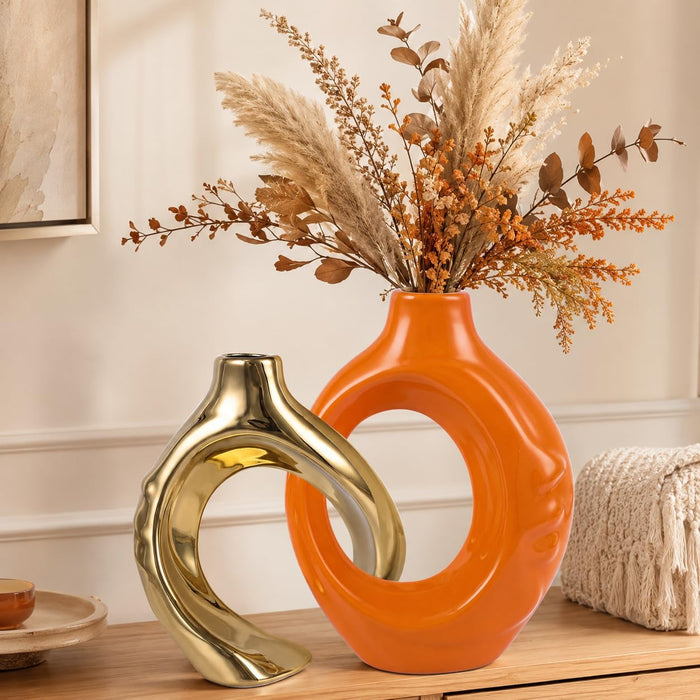 Orange Gold Ceramic Vase Set of 2 for Modern Home Decor,Round Boho Vase for Pampas Grass,Neutral Minimalist Statue for Dining Room Table Centerpiece Dining Room,Wedding Table Decoration